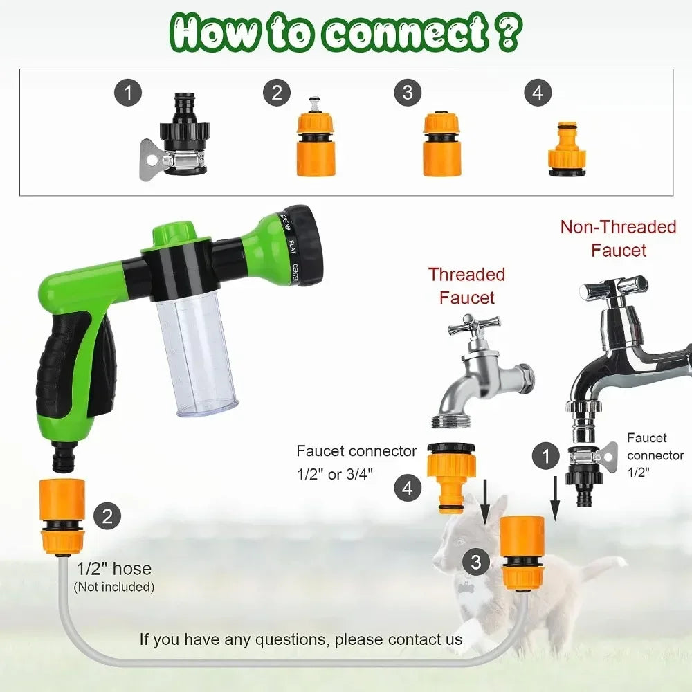8 in 1 High Pressure Foam Pet Shower Gun Adjustable Hose Nozzle Multifunctional Tool for Dog Cat Bath Garden Vehicle Washing